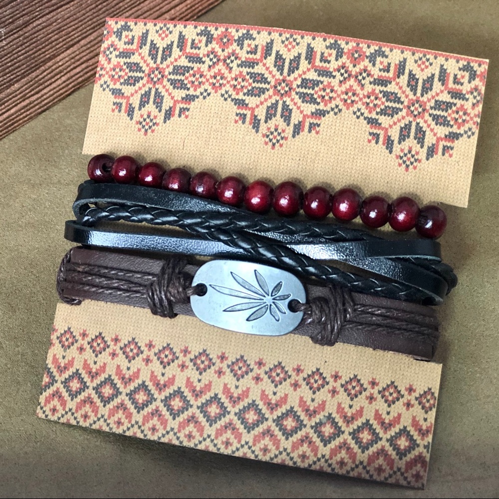 Leather Layered Bracelet 3-Piece Set - Maple Leaf